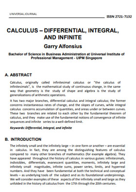 					View Vol. 6 No. 5 (2021): CALCULUS – DIFFERENTIAL, INTEGRAL, AND INFINITE
				
