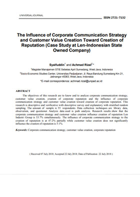 					View Vol. 5 No. 01 (2021):   The Influence of Corporate Communication Strategy and Customer Value Creation Toward Creation of Reputation (Case Study at Len-Indonesian State Owned Company)
				