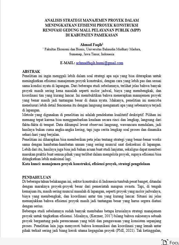 					View Vol. 5 No. 2 (2026): ANALISIS STRATEGI MANAJEMEN PROYEK DALAM  MENINGKATKAN EFISIENSI PROYEK KONSTRUKSI RENOVASI GEDUNG MALL PELAYANAN PUBLIK (MPP) DI KABUPATEN PAMEKASAN
				
