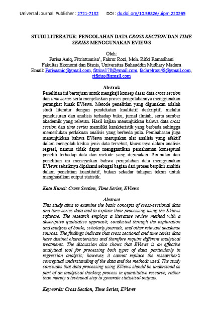 					View Vol. 1 No. 1 (2026): STUDI LITERATUR: PENGOLAHAN DATA CROSS SECTION DAN TIME SERIES MENGGUNAKAN EVIEWS
				