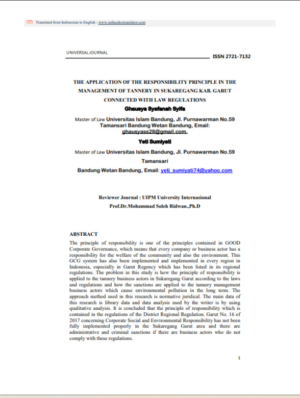 					View Vol. 7 No. 3 (2026): THE APPLICATION OF THE RESPONSIBILITY PRINCIPLE IN THE MANAGEMENT OF TANNERY IN SUKAREGANG KAB. GARUT CONNECTED WITH LAW REGULATIONS
				